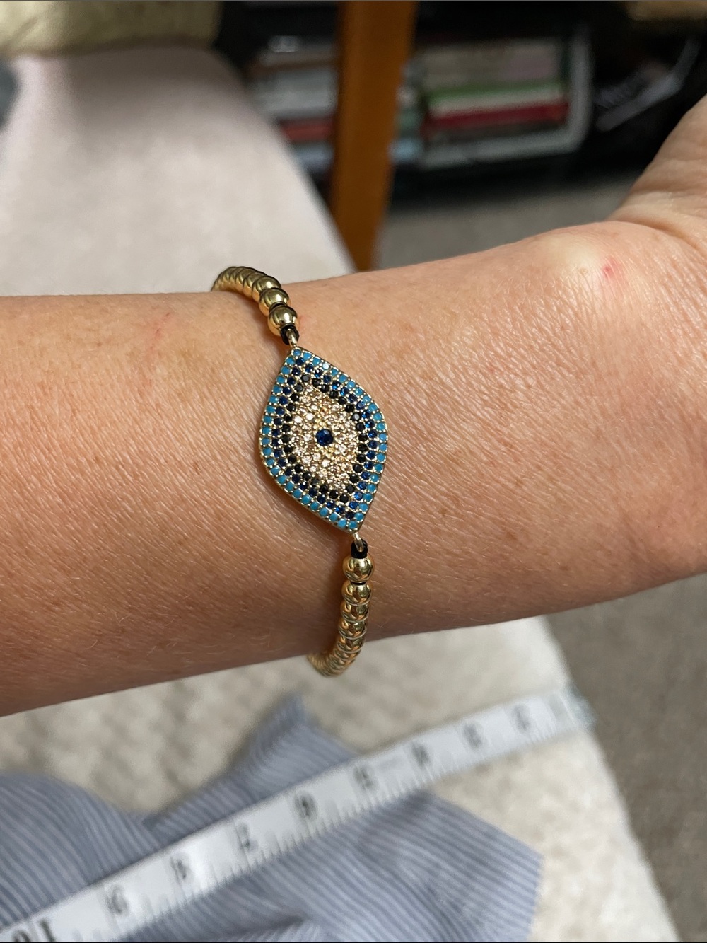 Gold beaded jeweled stone Evil Eye cord Bracelet- new